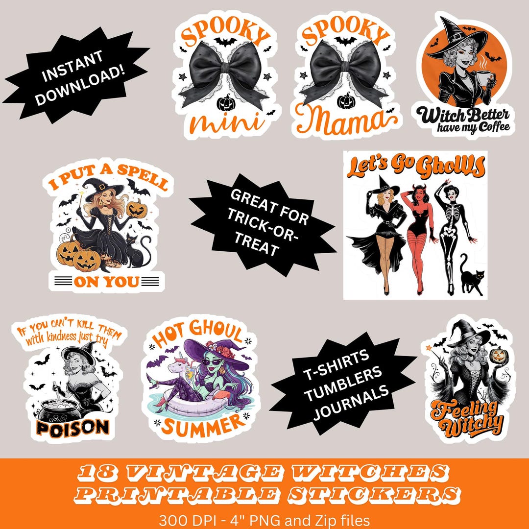 Printable Sassy Witch Stickers 18 Halloween Digital Download for Junk ...