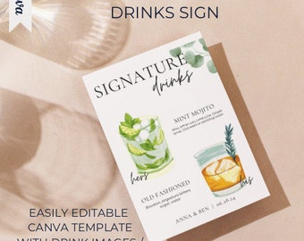 Bar Menu Template, Modern Editable Drink Menu Template, Minimalist Printable Bar Menu, Signature Drinks Sign, Drink Images Included