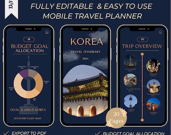 Digital South Korea Travel Planner | Korea Travel Itinerary Template | Mobile Itinerary | Editable Planner | Trip Itinerary Canva | Download