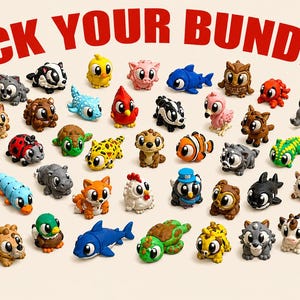 May include: A collection of colorful, cartoonish animal figurines, including a turtle, a fox, a shark, and a giraffe. The phrase "PICK YOUR BUNDLE!" is written in red across the top. These figurines are likely toys or collectibles.