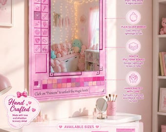 Pink Wall Mirror, Cute Decorative Mirror, Custom Vanity Mirror, Aesthetic Room Decor, Dorm Bedroom Mirror, Handmade Gift, Y2K Mirror,