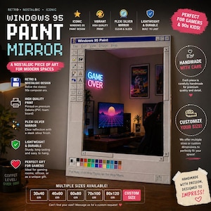 Espejo con interfaz de pintura retro, arte de pared con estética informática de los 90, espejo acrílico hecho a mano, decoración de tamaño personalizado, regalo único para la habitación de un gamer.