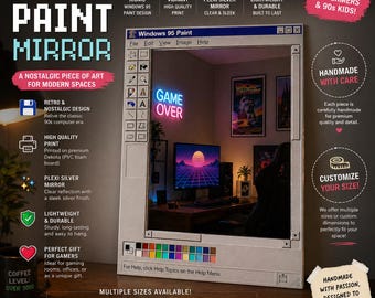 Lustro z interfejsem retro, estetyczna sztuka ścienna w stylu komputerowym z lat 90., ręcznie robione lustro akrylowe, dekoracja na wymiar, wyjątkowy prezent dla gracza