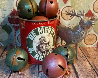 Set of TWO Large 2” Hand-Colored Retro-Rustic Metal Jingle Bells Red/Green