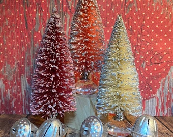 Set of 3 each 5” Hand-Dyed Wine, Pink, & Cream Bottle Brush Trees with Silver Glass Knobs