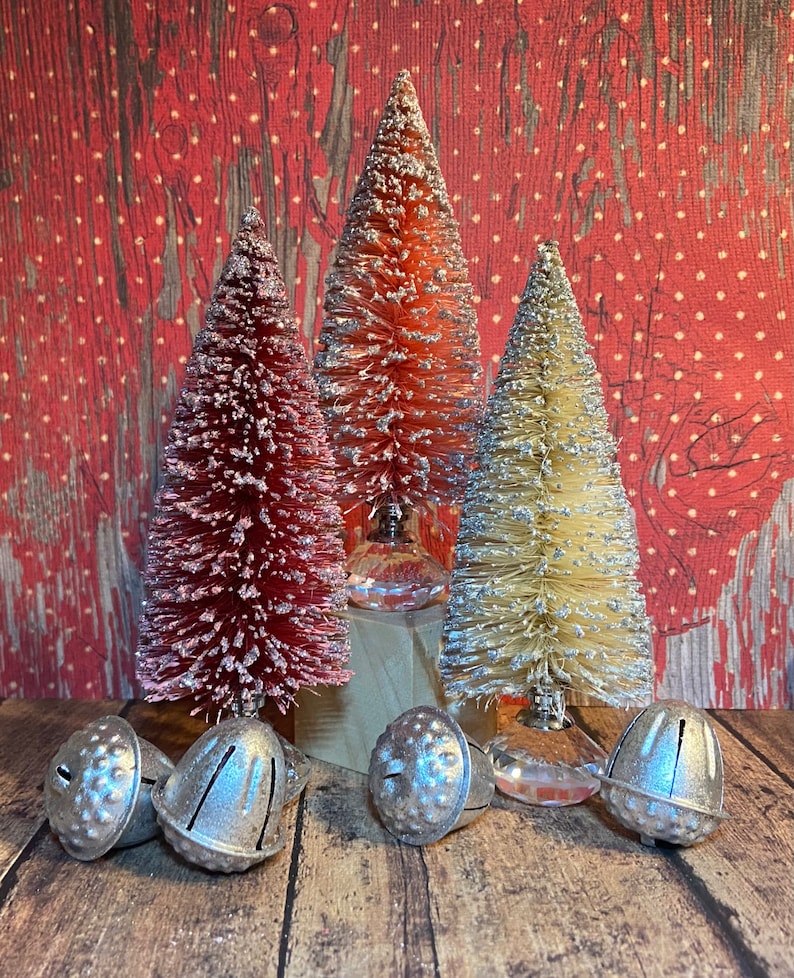 Set of 3 each 5 Hand-Dyed Wine, Pink, & Cream Bottle Brush Trees with Silver Glass Knobs image 1