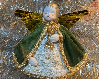 4” Vintage Enesco Angel Ornament in Green & Gold