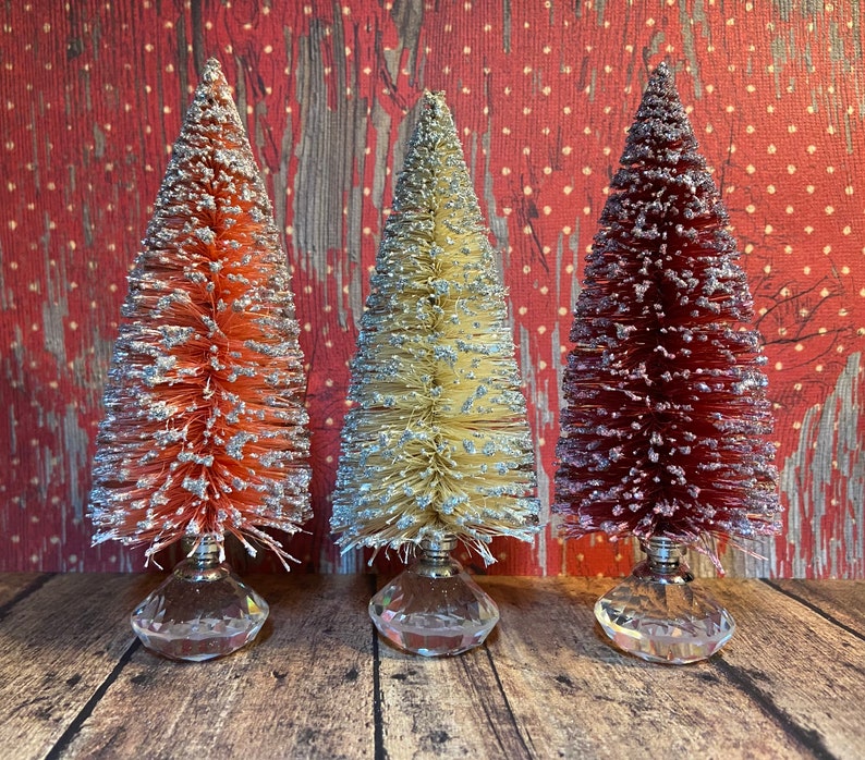 Set of 3 each 5 Hand-Dyed Wine, Pink, & Cream Bottle Brush Trees with Silver Glass Knobs image 2