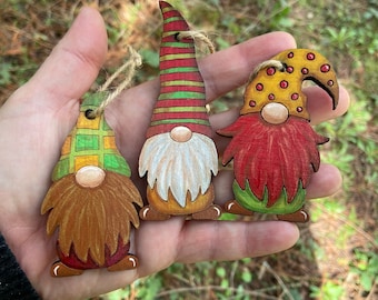 Set of 3 Hand-Painted Wood Gnome Ornaments (C)