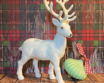 Large 7.5” White, Vintage-Style Flocked Plastic Reindeer / Deer