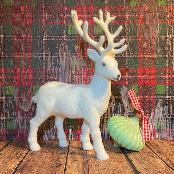 Large 7.5” White, Vintage-Style Flocked Plastic Reindeer / Deer