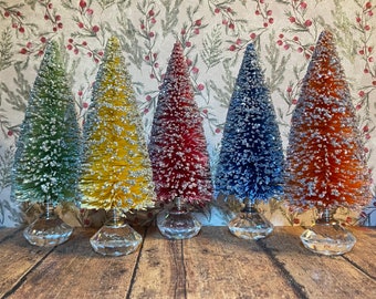 Set of FIVE 5” Hand-Dyed Rainbow Bottlebrush Trees on Glass Knobs