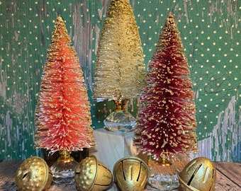 Set of 3 each 5” Hand-Dyed Wine, Pink, & Cream Bottle Brush Trees with Gold Glass Knobs