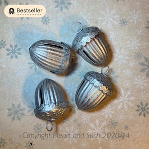 Set of 4 Silver Vintage-Style Metal Acorn Jingle Bells by Heart and Such