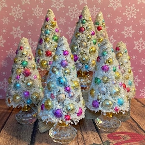 One Very Vintage 4-1/4” Farmhouse Rustic Style Decorated Bottle Brush Tree with Gold Glass Knob Base (Rainbow!)