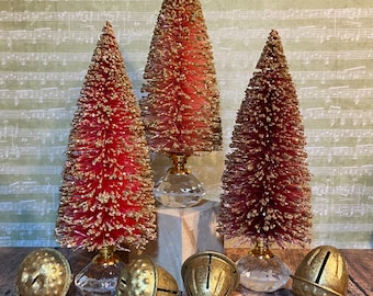 Set of 3 each 5” Hand-Dyed Bottle Brush Trees with Gold Glass Knobs / Shades of Red