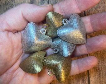 Set of 6 Rustic Farmhouse Tin Heart Bells in Rustic Silver & Gold