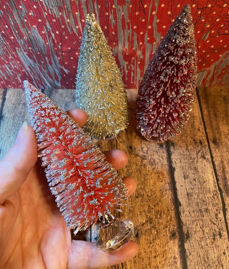 Set of 3 each 5 Hand-Dyed Wine, Pink, & Cream Bottle Brush Trees with Silver Glass Knobs image 3