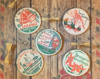 Set of 5 Hand-Made Retro Vintage-Style Holiday Milk Cap Ornaments