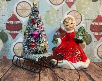 Vintage Style Bottle Brush Tree on a Celedon Green Sled