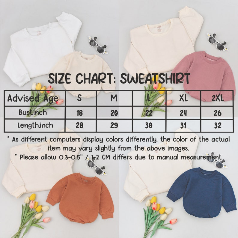 May include: A collection of children's sweatshirts in various colors, including white, beige, rust, rose, and navy blue. The image includes a size chart with bust and length measurements in inches. The text reads "SIZE CHART: SWEATSHIRT".