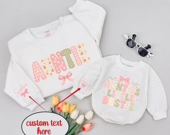 Auntie and Auntie's Little Bestie Matching Sweatshirt and Baby Romper, Custom Name Aunt Baby Girl Gift
