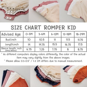 May include: A size chart for baby rompers, with measurements in inches for bust, length, and sleeve length. The chart includes sizes for ages 0-3 months to 18-24 months. The image also shows several baby rompers in various colors.