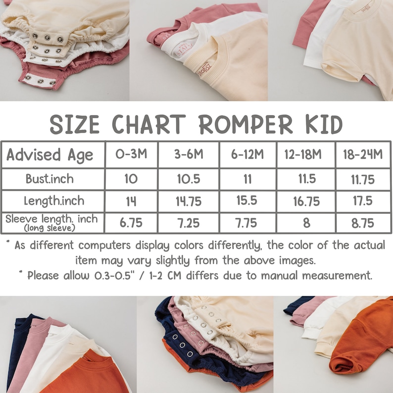 May include: A size chart for baby rompers, with measurements in inches for bust, length, and sleeve length. The chart includes sizes for ages 0-3 months to 18-24 months. The image also shows several baby rompers in various colors.