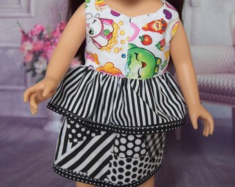 Handmade Cotton Doll Dress: Black & White Peplum Sleeveless