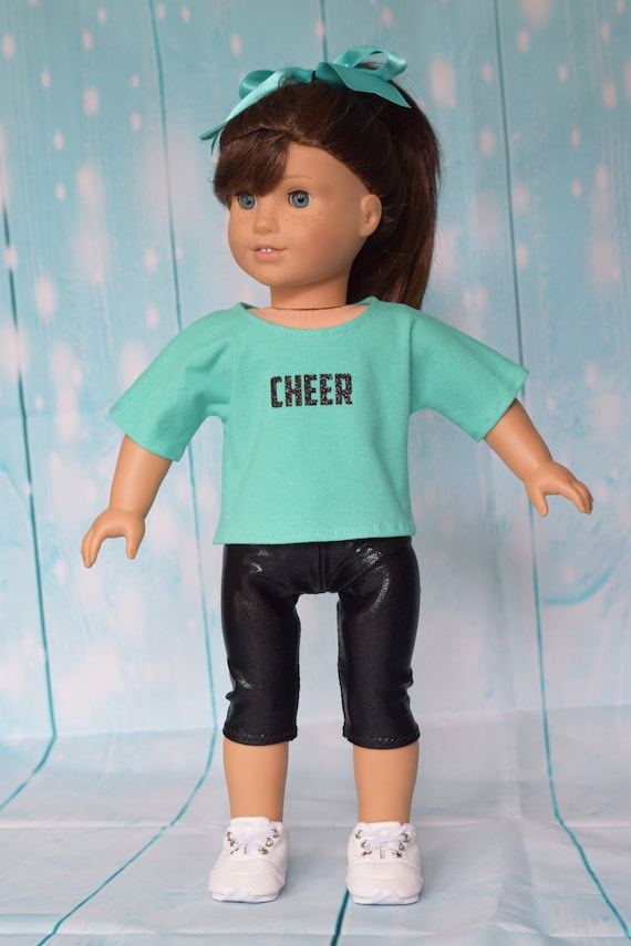 3-piece Cheer Outfit, Mint Cotton Doll T-shirt with a Cheer Transfer, Sparkly Black Capris, Mint Cheer Bow, Fit 18" Dolls, Girl Gift