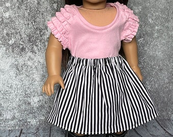 2-piece Doll Outfit, Ruffled Sleeve Pink T-shirt with Black and White Striped Skirt, Cotton Doll Outfit, Fits Most 18" Dolls, Girl Gift