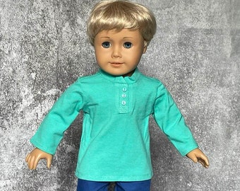Cotton Doll Henley, Turquoise Henley, Fits Most 18" Dolls, Elevated T-shirt, Cotton Doll Long-sleeved T-shirt, Doll Clothing, Girl Gift