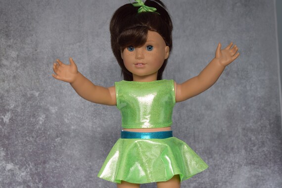 Cheer Practice Suit, Neon Green & Turquoise Skort and Crop Top, Fits Most 18" Dolls, Doll Clothing, Gym Outfit, 2-piece Swimsuit, Girl Gift