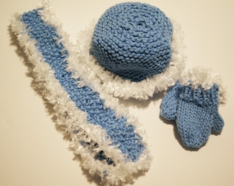 Quality Hand-knit Cotton Hat Sets; Cotton Hat, Scarf, and Mittens; Winter Outerwear, Made to Fit 18" Dolls, Girl Gift A116