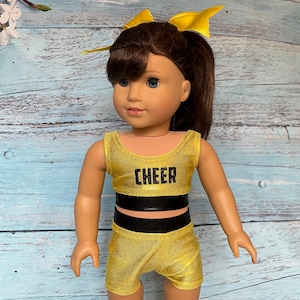Cheer Practice Suit & Bow, Bright Yellow and Black Cheer Outfit, Cheerleading, Doll Clothing, Girl Gift, Fits Most 18&quot; Dolls, Christmas Gift