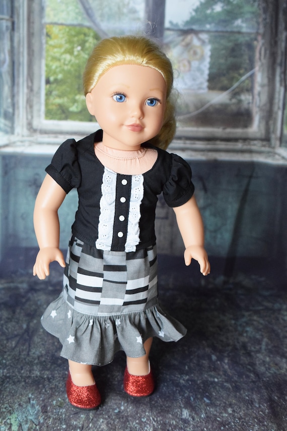 Cotton Doll Outfit, 2-piece Blouse & Skirt Outfit, Quality Hand-made Puff-Sleeved Blouse and Skirt, Fits Popular 18" Dolls, Girl Gift