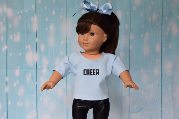 3-piece Cheer Doll Outfit, Light Blue T-shirt with CHEER Transfer, Black Leggings, Blue Cheer Bow, Cheerleading, Doll Clothing, Girl Gift