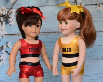 Cheer Practice Suit & Bow, Red and Black OR Gold and Black, Cheerleading, Doll Clothing, Girl Gift, Fits Most 18" Dolls, Doll Cheer Outfit