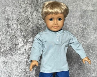 Cotton Doll Henley, Blue-Grey Henley, Fits Most 18" Dolls, Elevated T-shirt, Cotton Doll Long-sleeved T-shirt, Doll Clothing, Girl Gift