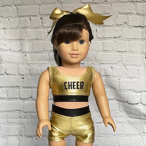 18&quot; Doll Cheer Outfit: White, Gold & Black Practice Suit with Bow