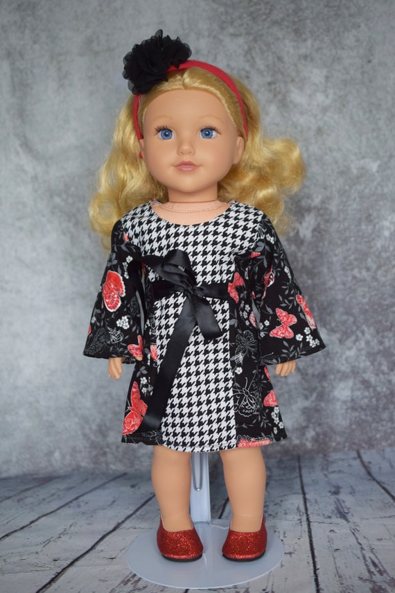 A-line Doll Dress, Long-Sleeved Dress: Black Floral & Houndstooth, Red Floral, and White Floral, Sized to Fit Most 18" Dolls, Girl Gift