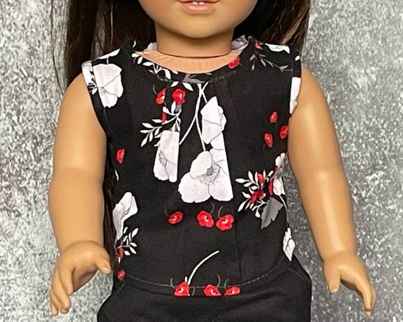 3-piece Doll Outfit, Sleeveless Top in a Poppy Print, Black Bubble Skirt and Black Dress Pants, Doll Clothing, Girl Gift, Fits 18" Dolls