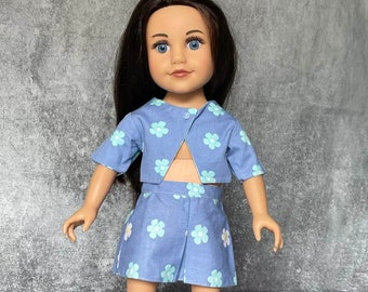 2-piece Doll Outfit, Royal Blue T-shirt with Short Sleeves and Round Neckline, Full Floral Skirt with Lace Trim, Fits Most 18" Dolls