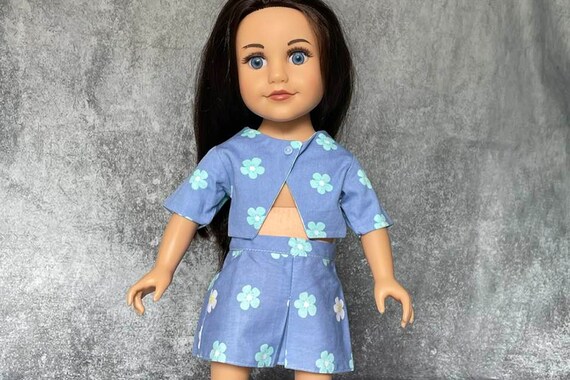 2-piece Doll Outfit, Royal Blue T-shirt with Short Sleeves and Round Neckline, Full Floral Skirt with Lace Trim, Fits Most 18" Dolls