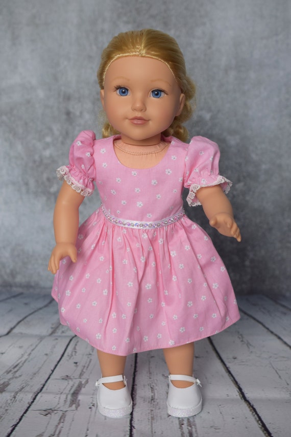 Party Doll Dress, Quality Hand-made Dress for 18" Dolls, Cotton Dress with Puff Sleeves, Lace Trim & Sequin Detail, Doll Clothing, Girl Gift