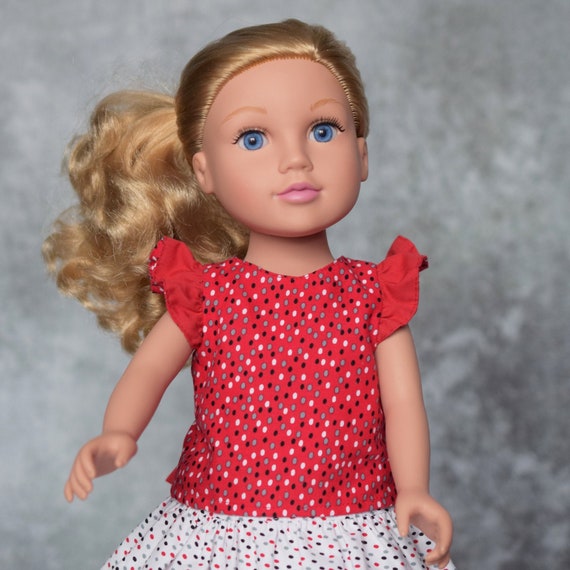 Cotton Doll Outfit, Red Flutter-Sleeved Blouse with Back Bow and Black and/or White Dot Skirt, Sized to Fit Most 18" Dolls, Doll Clothing