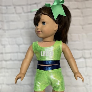 Cheer Practice Suit and Bow, Lime, Sapphire and White, Cheerleading, Doll Clothing, Fits Most 18&quot; Dolls, Christmas Gift, Doll Cheer Outfit