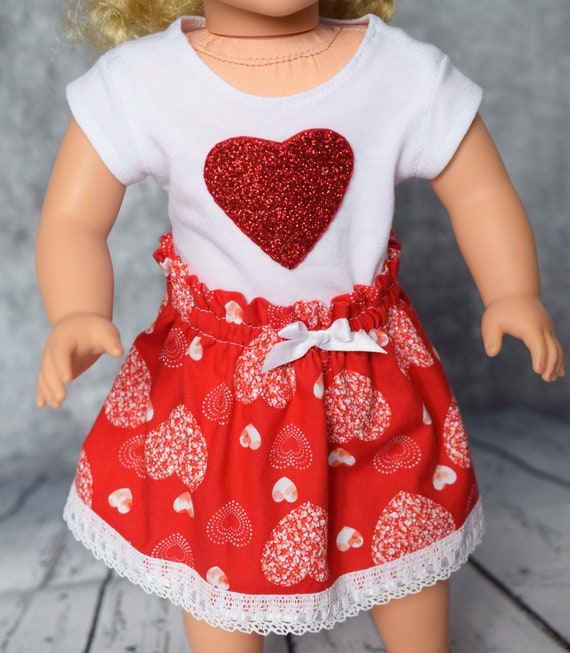 Valentine Doll Outfits, 2-piece Cotton Outfits with Gathered Skirts and Heart-adorned T-shirts, Sized to Fit Most 18" Dolls, Girl Gift