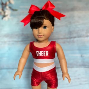 Cheer Practice Suit & Bow, Red and White Cheer Outfit, Cheerleading, Doll Clothing, Girl Gift, Fits Most 18&quot; Dolls, Christmas Gift