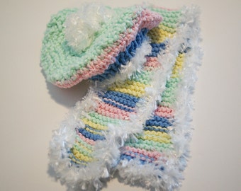 Hand-Knit Doll Hat & Scarf Set: Cotton Pastel Stripes, Fits 18" Dolls